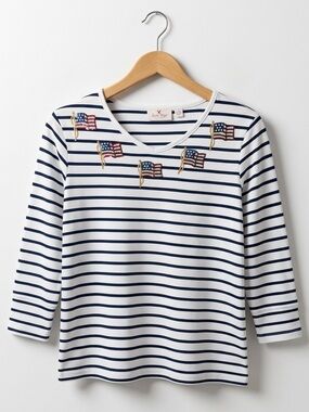 Quacker Factory White and Blue Striped 3/4 Sleeve V-Neck Top with Sequin Flags
